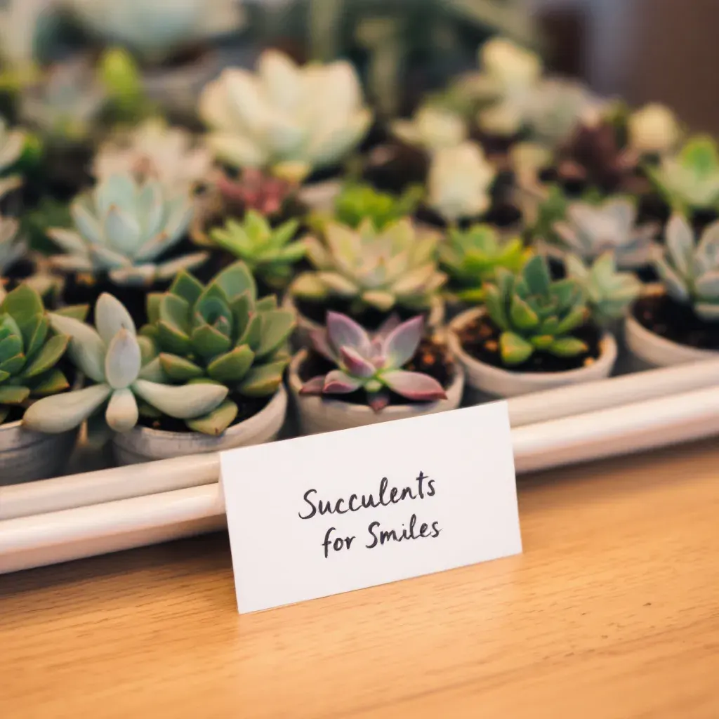 Tray of mini succulents with a handwritten Succulents for Smiles card